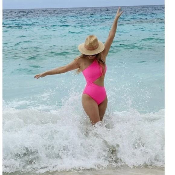 Beach Riot Celine One Shoulder Ribbed Swimsuit Neon Pink Size Large - Picture 1 of 8